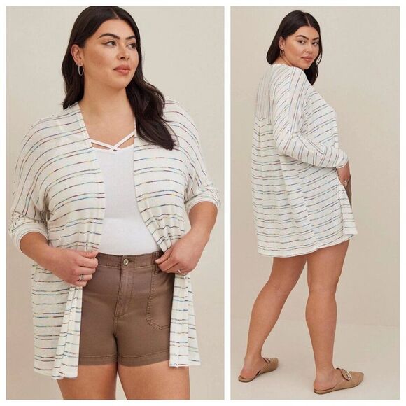 Torrid Cardigan Dolman Sleeve Long Open Front White Rainbow Multi Stripe Size 0X - Picture 2 of 13